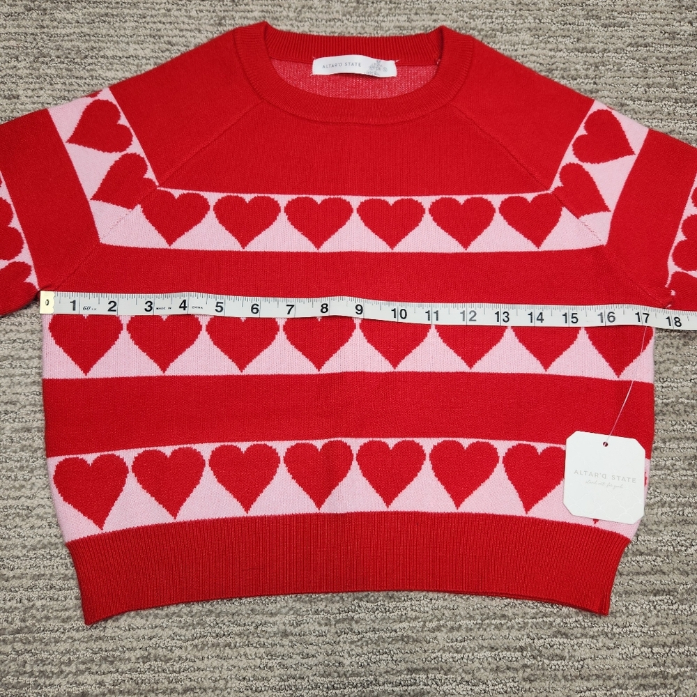 Altar'd State Red & Pink Heart Stripe Crewneck Sweater - Picture 9 of 9